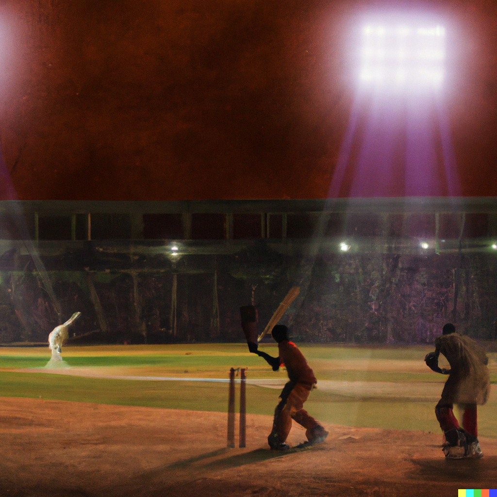 Dall-E generated cricket match in a stadium in India in the night
